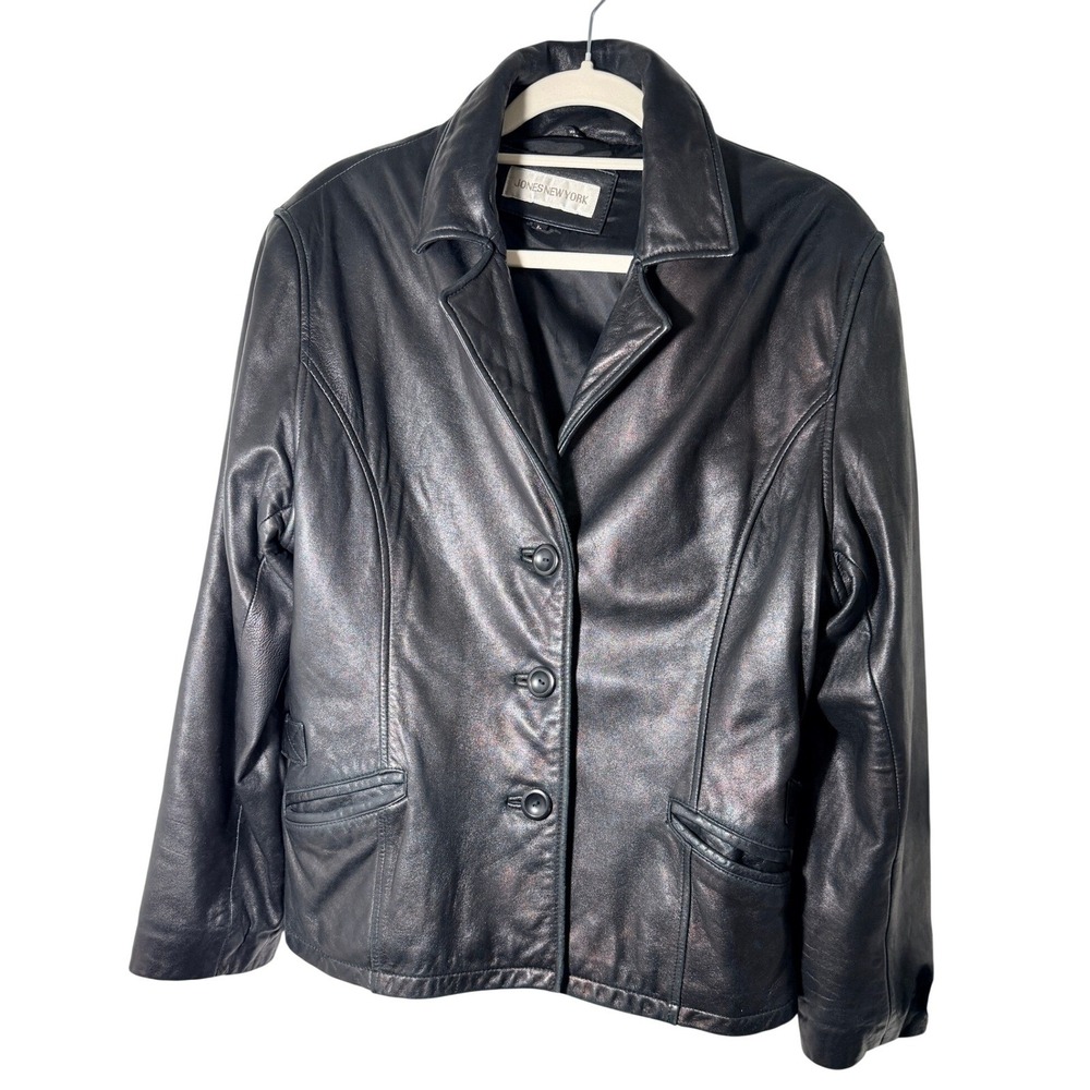 Jones New York Vintage Black Leather Jacket Blazer D-Ring Cinch Sz L Y2K